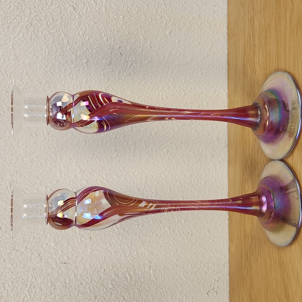 Rosetree Glass Candlestick Pair - Hot Mix iridescent
